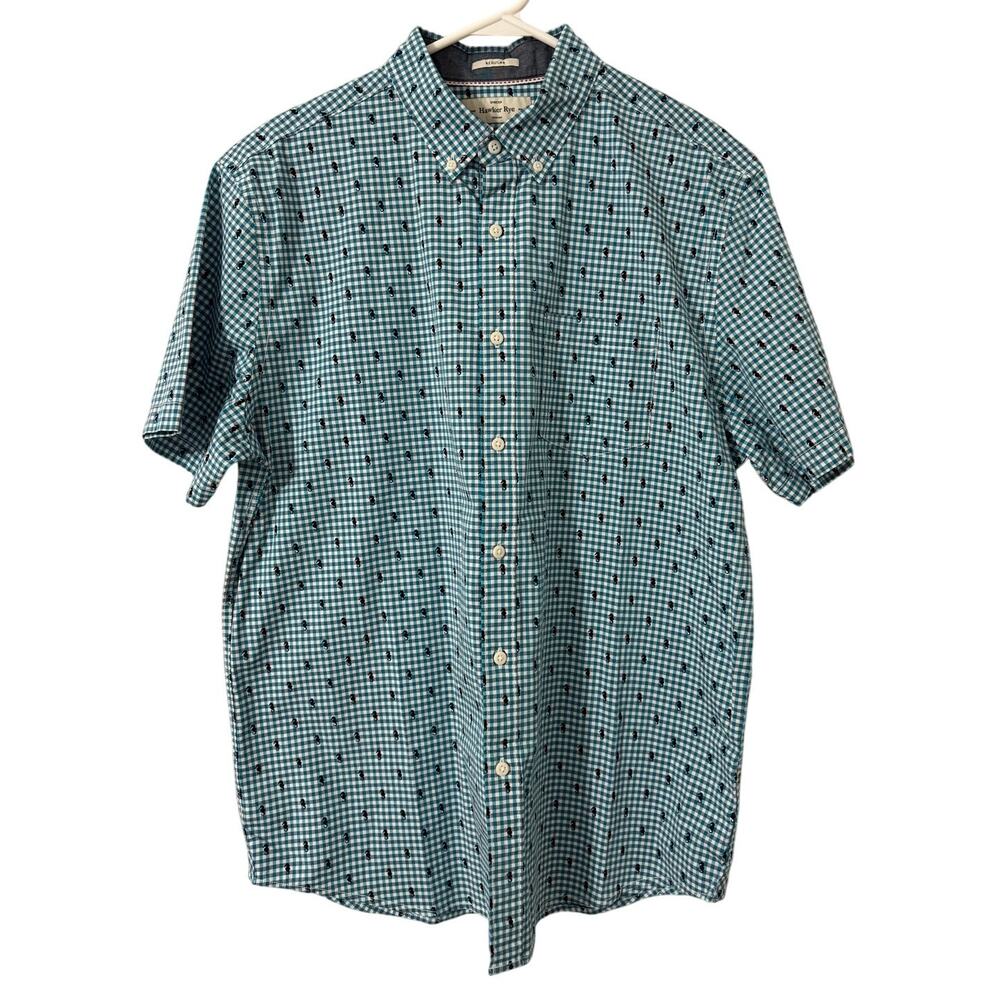 Hawker Rye Stretch Regular Fit Blue White Gingham Seahorse Button Down Shirt LgL